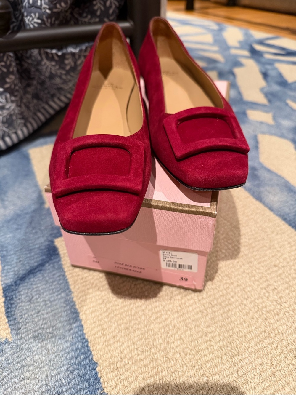 ANN MASHBURN Deep Red Suede Square-Toe Loafers with Buckle Accent